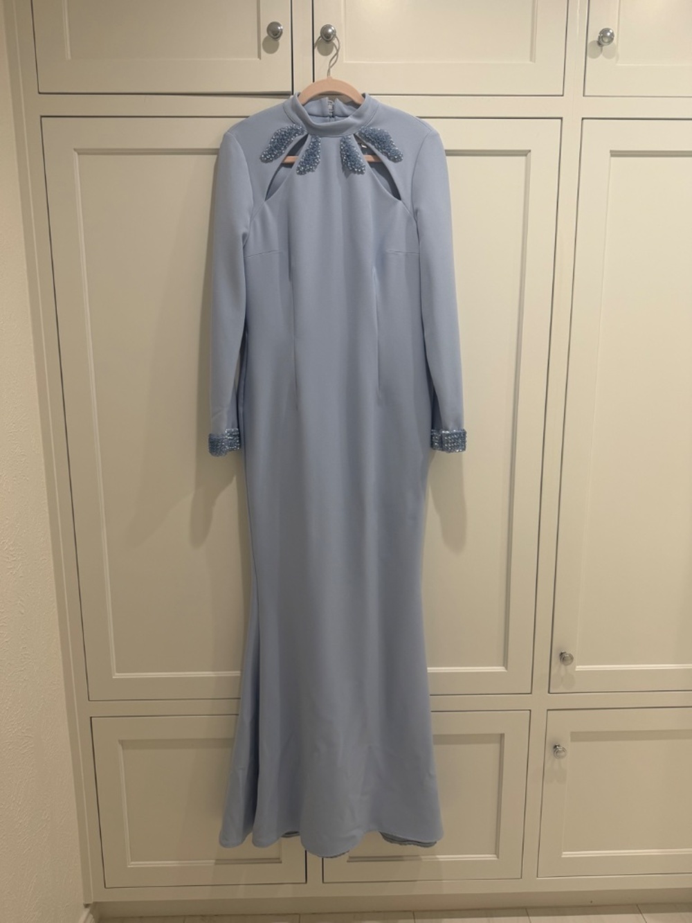 Maison Safiyaa Kamala Soft Sky & Curled Leaf Embroidery Long Dress Size US 10